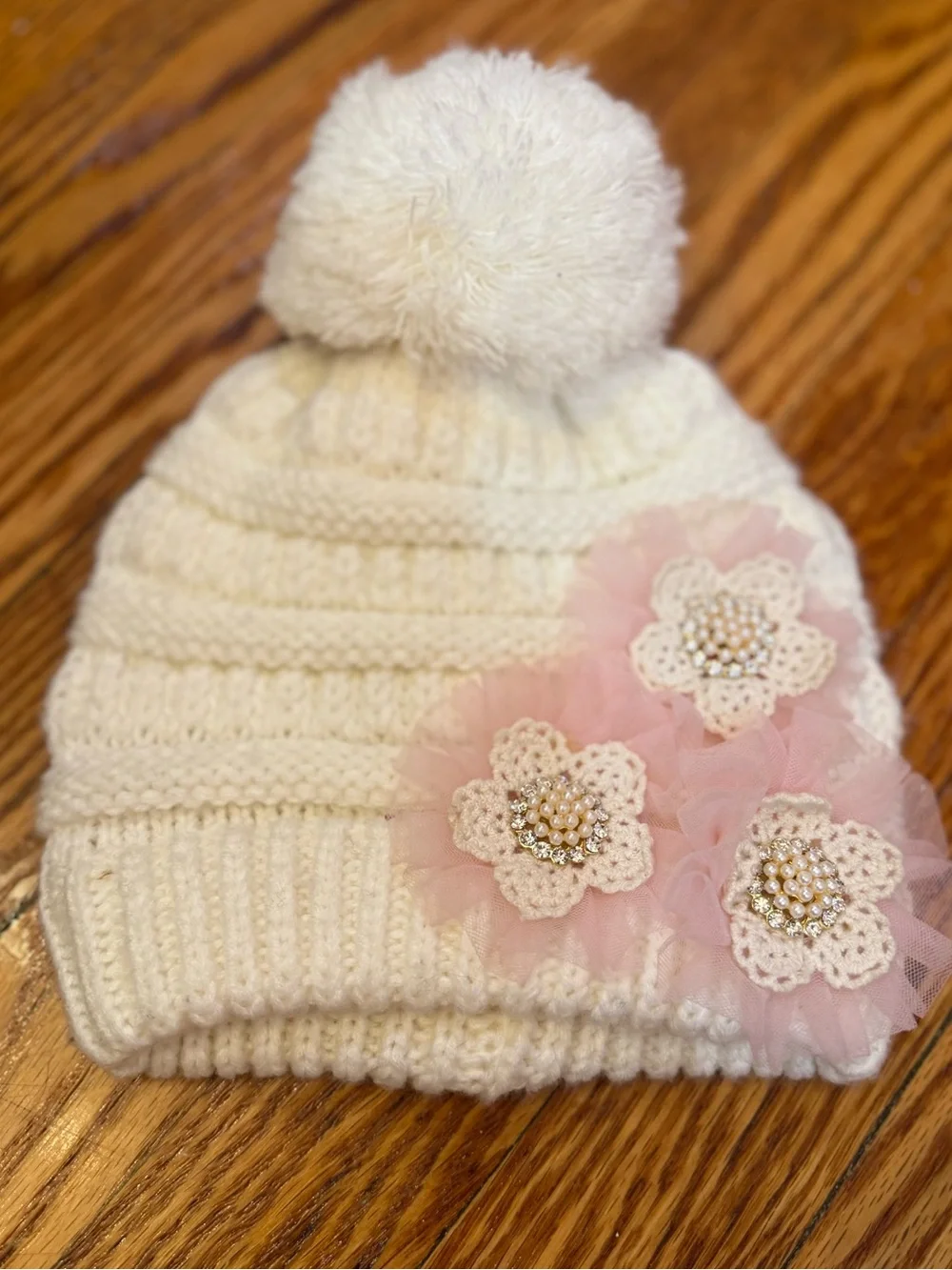 Kids Cream Knit Pom Pom Hat with Pink Floral Appliqués